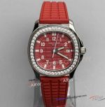  Clone Patek Philippe Aquanaut Women Watch Red Dial Diamond Bezel Swiss Quartz Watch